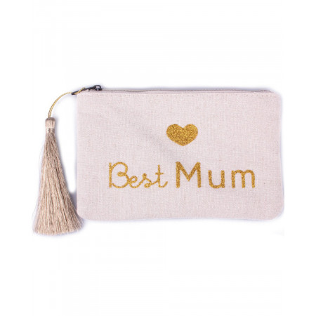Petite pochette LOL beige pailletée Best Mum dorée et pompon