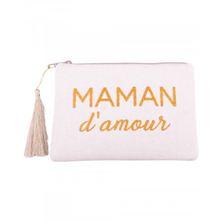Pochette LOL beige pailletée Maman d'amour doré et pompon