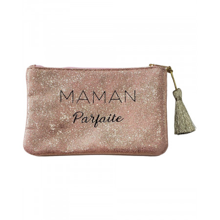 Petite pochette rose pailletée 11.5 X 17.3 cm Maman Parfaite et pompon