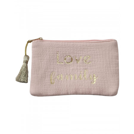 Pochette rose poudré 10.5 X 16.5 cm Love family et pompon-Or