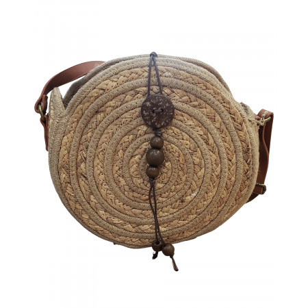 Sac paille tressée bandoulière liseré doré rond perles de bois Georgia