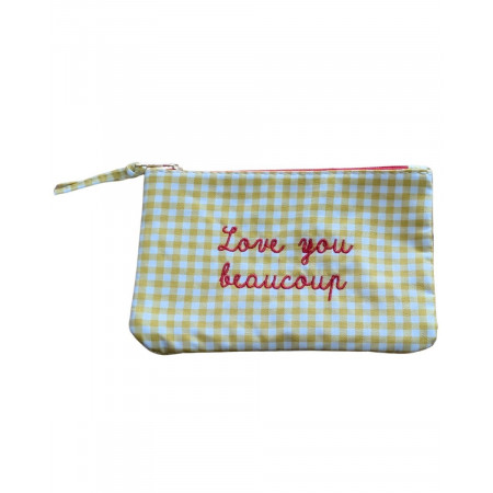 Petite pochette coton à carreaux Love you beaucoup jaune et rouge