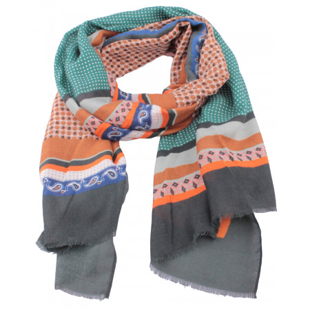 Echarpe verte motifs bleu camel orange Vintagia