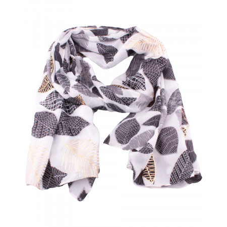 Echarpe blanche à feuilles grises noires et dorées