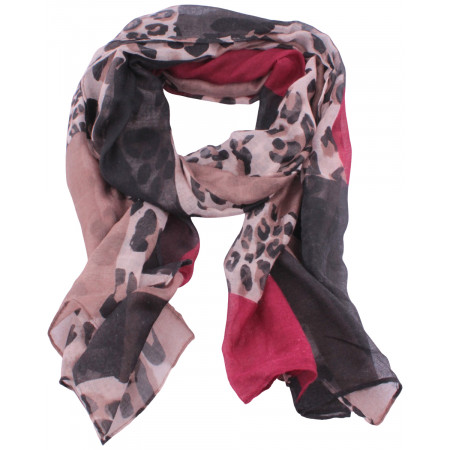 Echarpe rectangles leopard noir taupe bordeaux