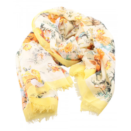 Echarpe jaune champs de fleurs orangées