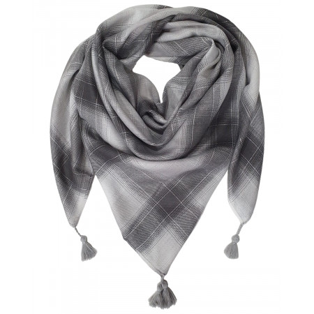 Echarpe grise à carreaux avec liseré argenté et pompons