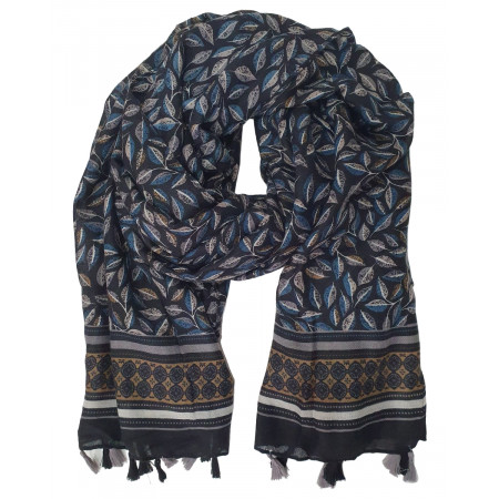 Echarpe noire feuilles grises et bleues et pompons