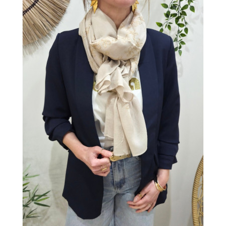 Foulard femme beige fleurs brodées dorées