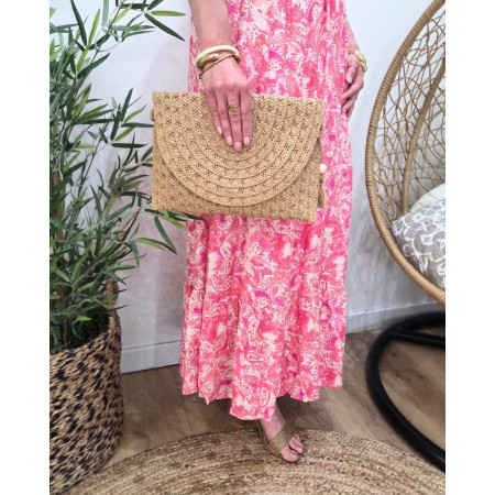 Sac pochette femme paille tresseée avec pompon