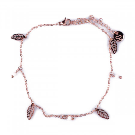 Chaîne de cheville acier cuivré feuilles et perles roses