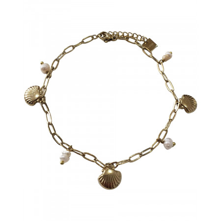 Chaine de cheville acier doré perles de nacre et coquillages