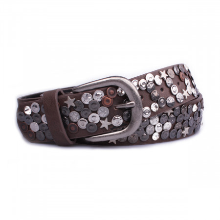 Ceinture marron clous étoilés gris argent et cuivre 90 cm