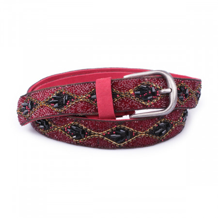 Ceinture rouge perles argent noires dorées