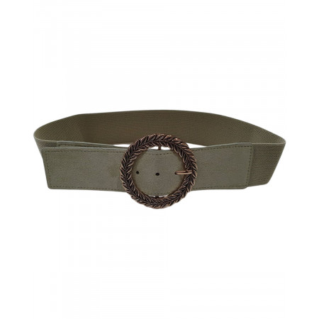 Ceinture élastique verte boucle ronde feuillage dorée 