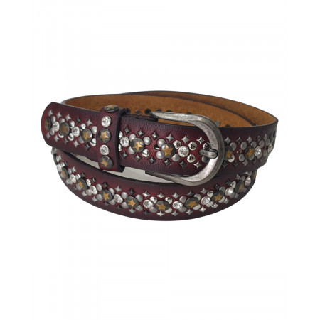Ceinture rouge bordeaux strass et clous étoilés