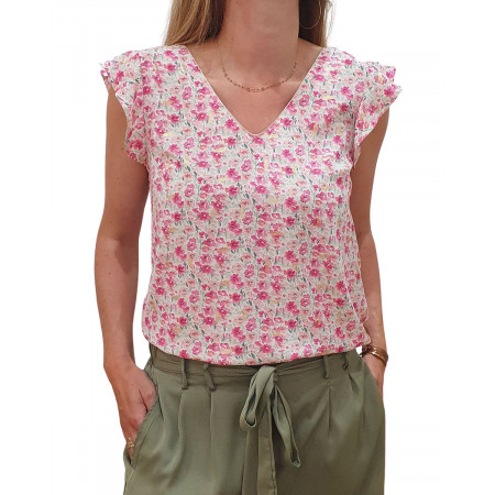 Blouse femme dos boutonné Christelle rose et vert