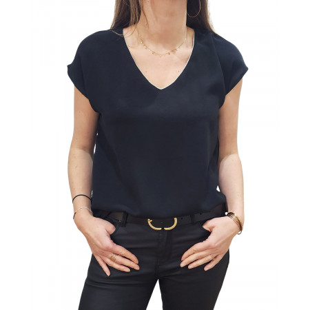 Blouse femme noire liseré doré dos noué