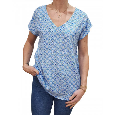 Blouse femme bleu ciel et blanc Angela