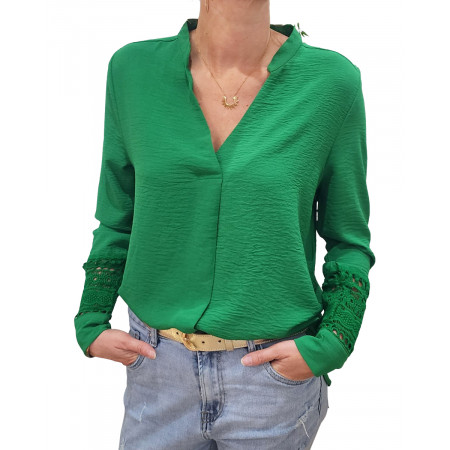 Blouse femme manches brodées vert