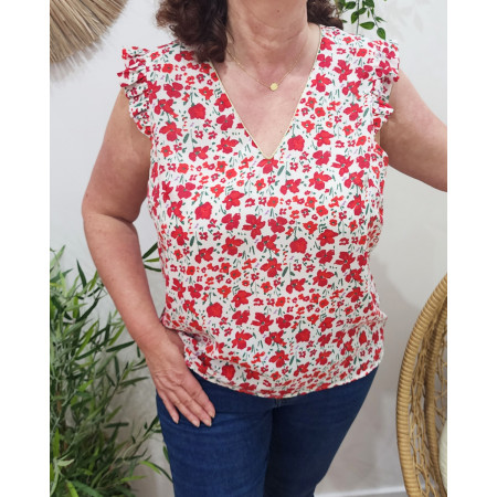 Blouse femme blanche fleurs rouges