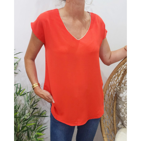Blouse femme orange liseré doré dos noué