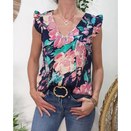 Blouse femme bleu marine fleurs roses et vertes Blandine