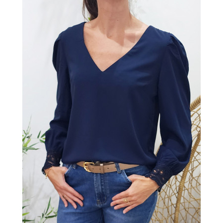 Blouse femme bleu marine manches brodées Aurora