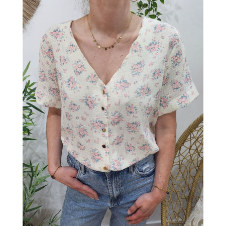 Blouse en gaze de coton écru fleurs roses