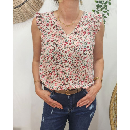 Blouse femme écrue petites fleurs rouges cerises et vertes