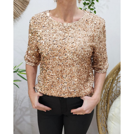Blouse femme beige sequins rose gold Hailee