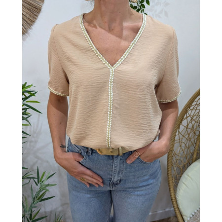 Blouse femme beige tressée écrue et dorée Saphira