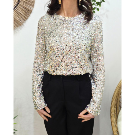 Blouse femme à sequins argents manches longues
