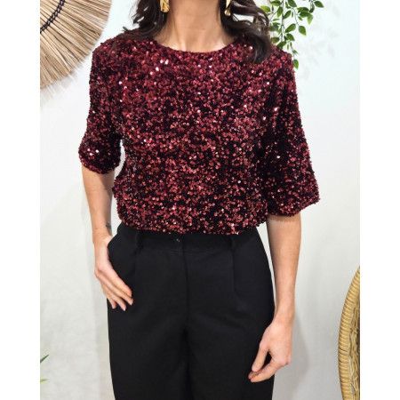 Blouse femme à sequins rouge bordeaux