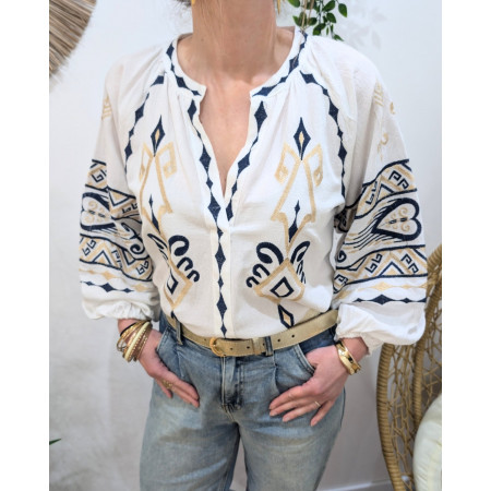 Blouse femme écru manches longues broderies marine et doré