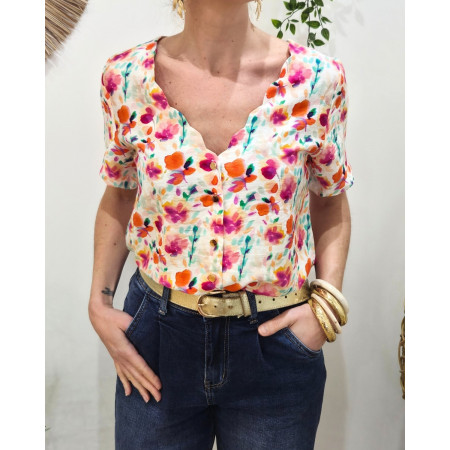 Blouse femme manches courtes écrue imprimés fleuris oranges fuchsia multicolores