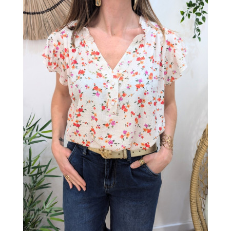 Blouse femme écrue fleurs orange et rouge Fiammetta