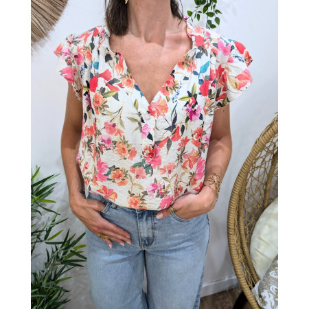 Blouse manche volantes femme écru fleurs roses orangées Aurelia