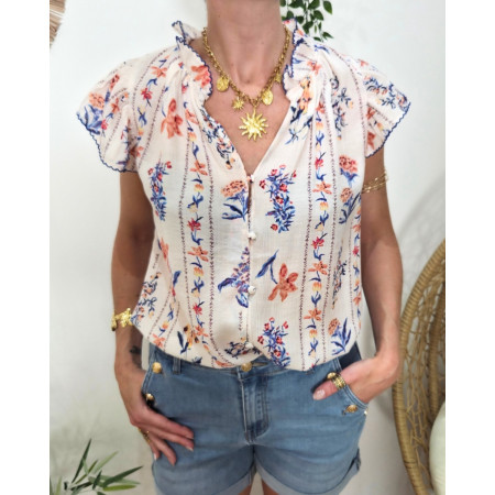 Blouse femme écrue fleurie bleue et corail Gaudia