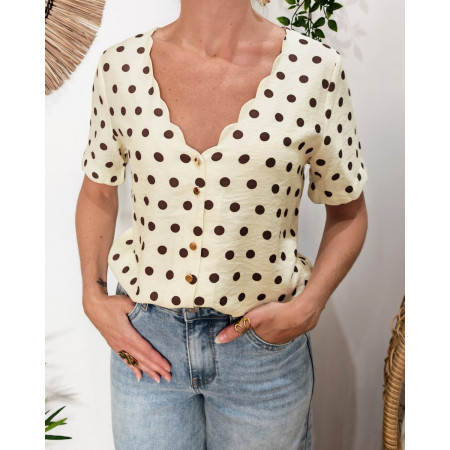 Blouse femme à pois jaune et marron