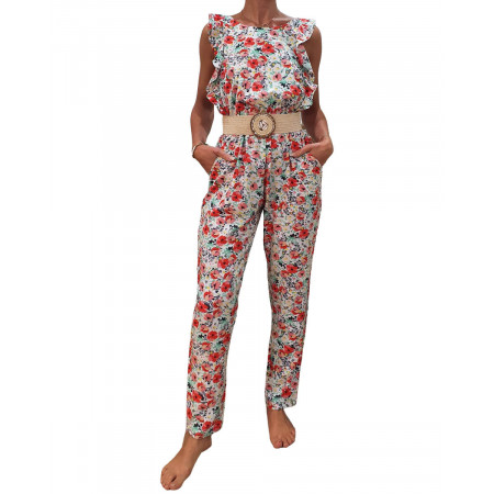 Combinaison pantalon blanche imprimé floral rose vert et gris
