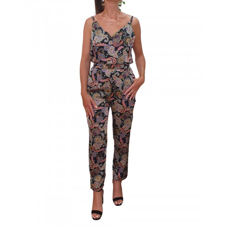 Combinaison femme pantalon satinée noire cachemire multicolore