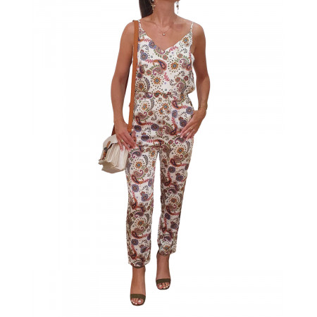 Combinaison femme pantalon satinée beige cachemire multicolore