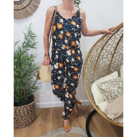 Combinaison femme marine imprimé floral beige et moutarde