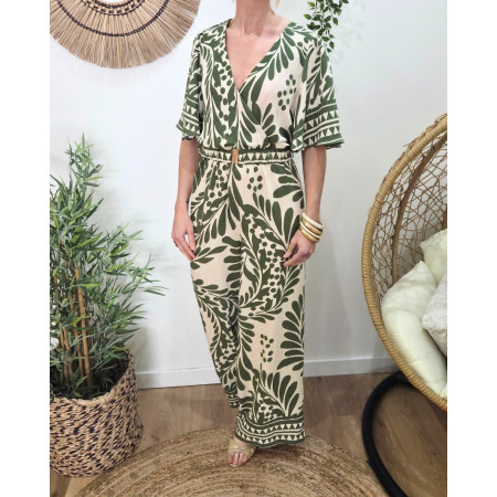 Combinaison femme écrue et verte manches volantes Esra