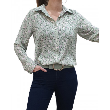 Chemisier vert amande à fleurs roses et vertes