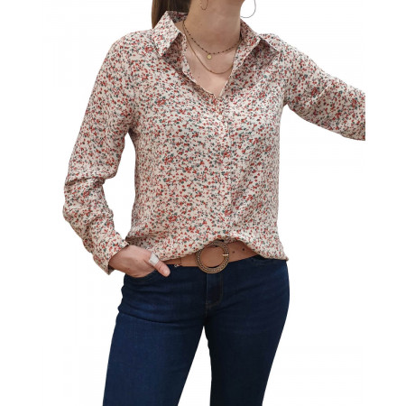 Chemisier blanc fleurs liberty rouges roses vertes