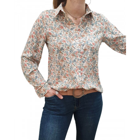 Chemisier beige à fleurs corail et bleues