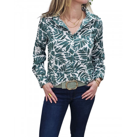 Chemisier blanc feuillage vert