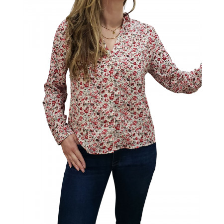 Chemisier blanc petites fleurs rouges cerises et vertes